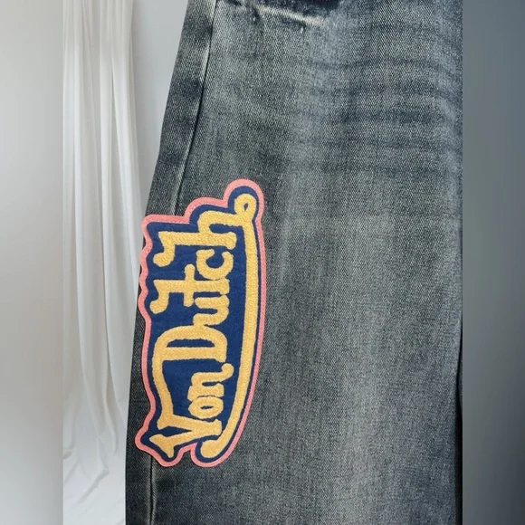 Von Dutch Wide Leg Dark Blue Denim Logo Patch Jeans RARE!! New with tags!! - Picture 2 of 10
